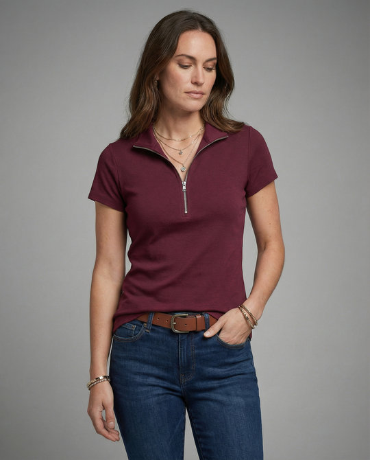 Damen Poloshirt mit kurzem Reißverschluss und figurbetontem Schnitt R&B
