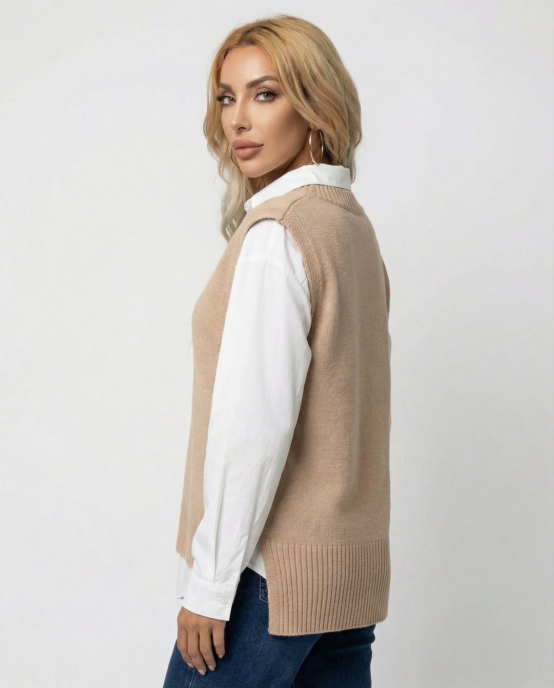 Damen Strickweste mit V-Ausschnitt und Rippstruktur R&B