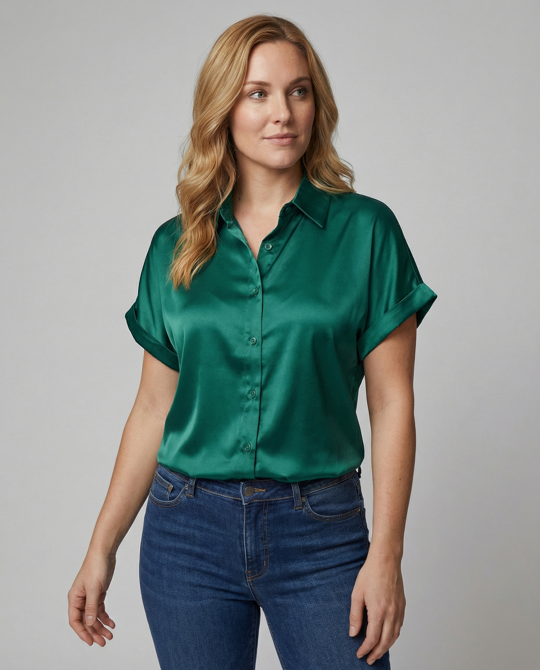 Damen Satin-Bluse mit großem Kragen und überschnittenen Schultern R&B