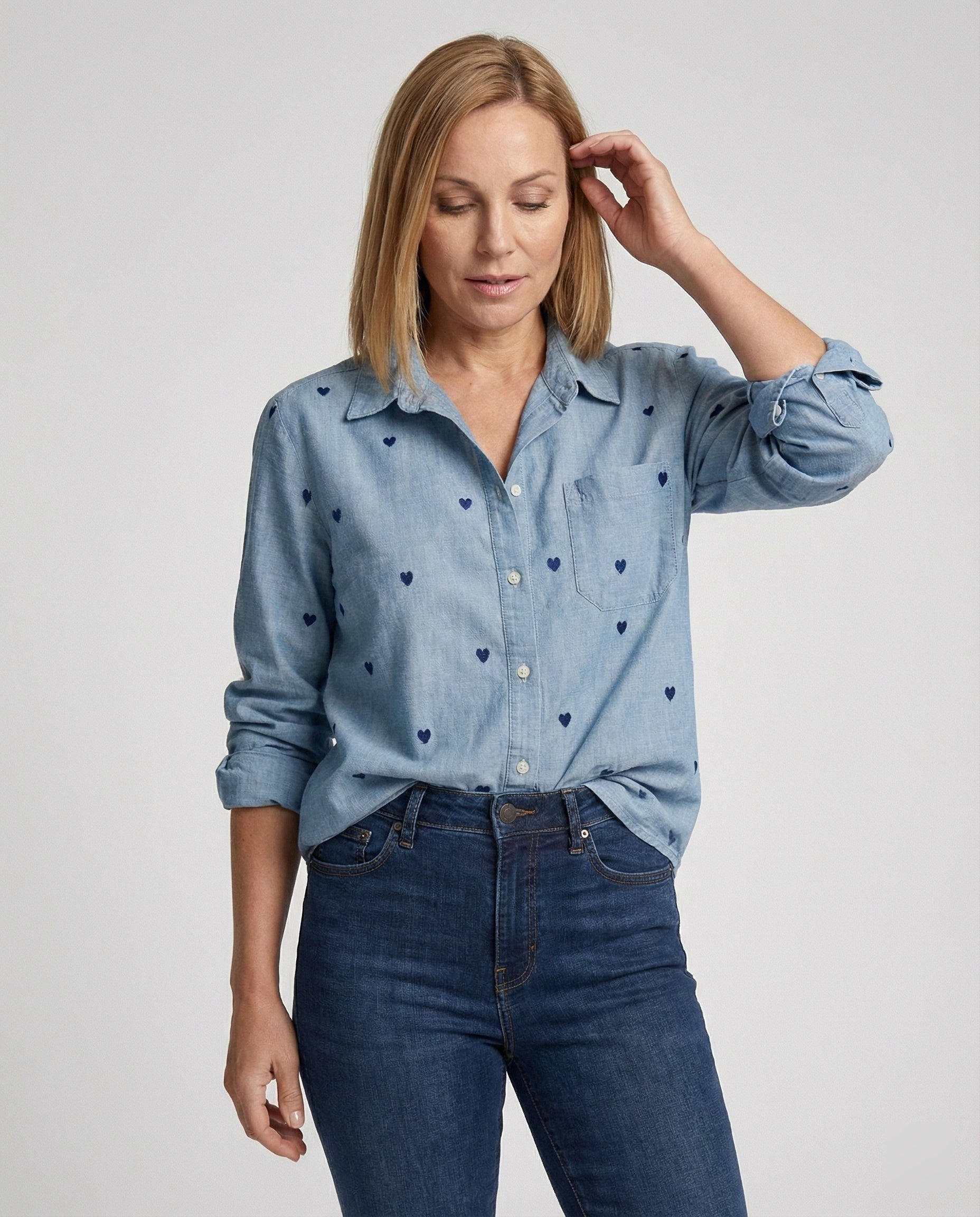 Damen Jeansbluse Herz Print
