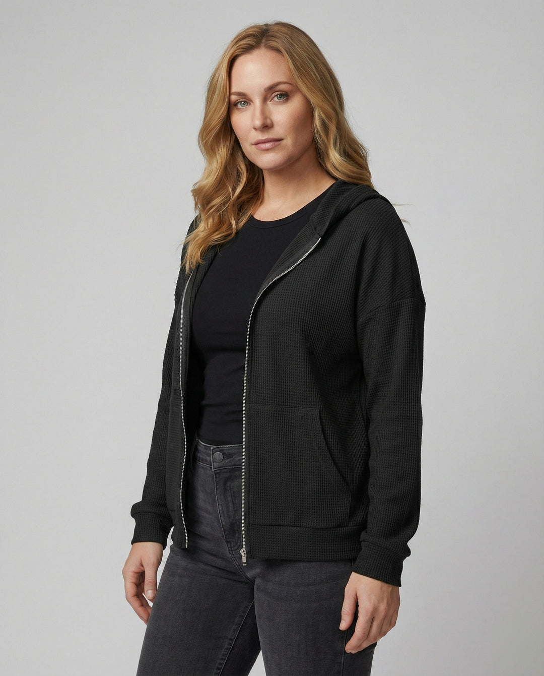 Damen lässige Waffle-Hoodie Jacke mit Reißverschluss R&B