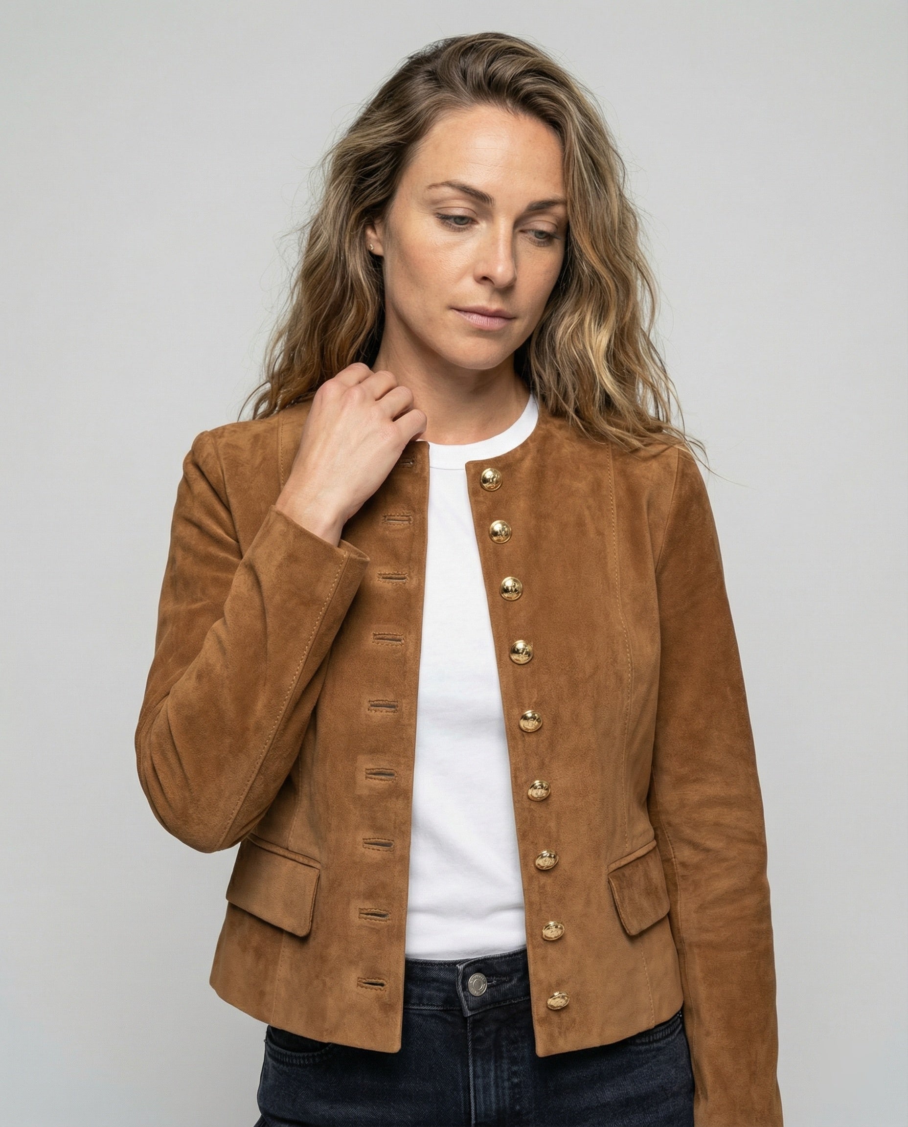Damen Wildlederjacke mit goldenen Knöpfen
