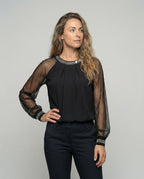 R&B Damen Mesh-Bluse mit Strassbesatz und transparenten Ärmeln