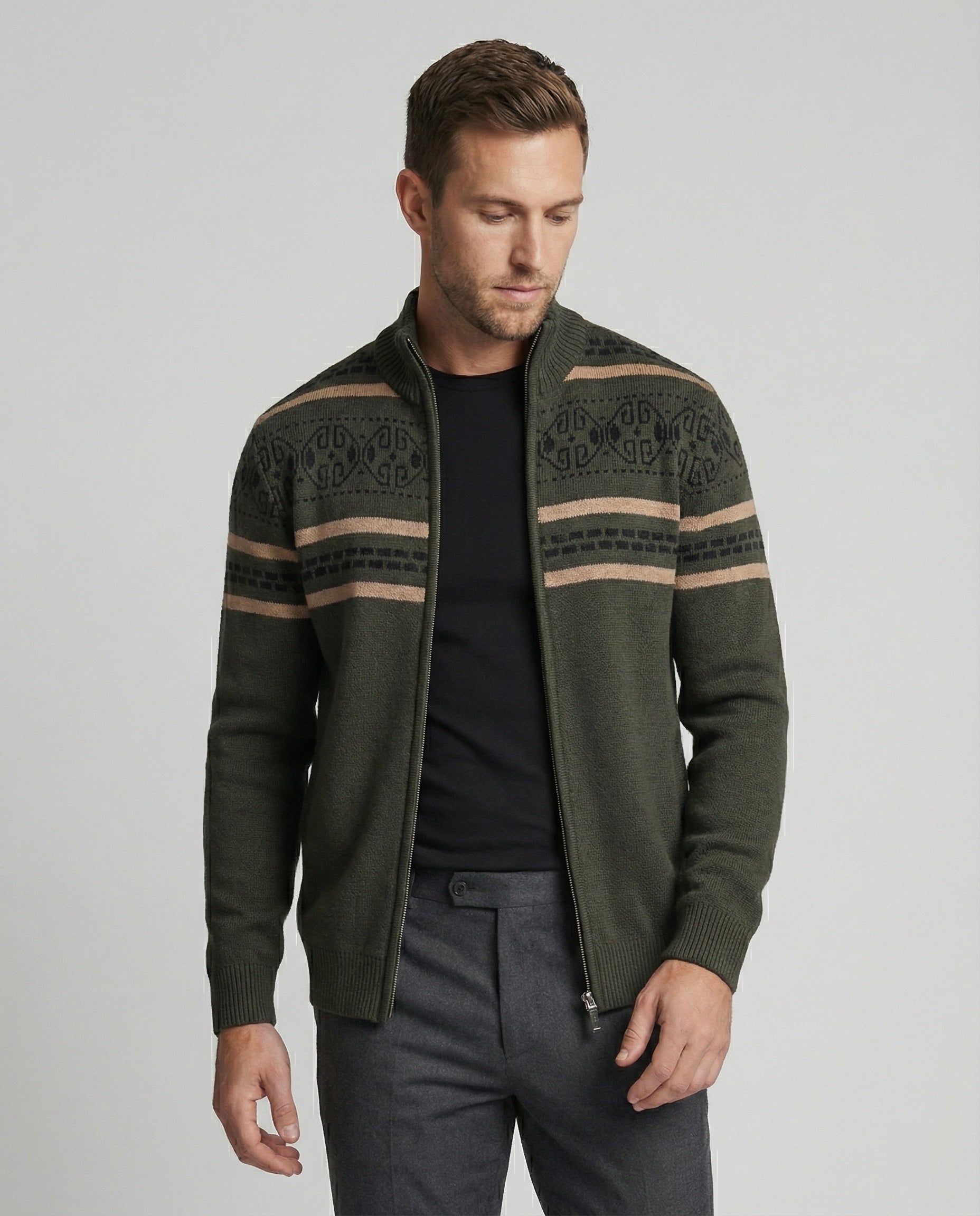 Herren Strickjacke mit modernem Zipper-Design und Muster
