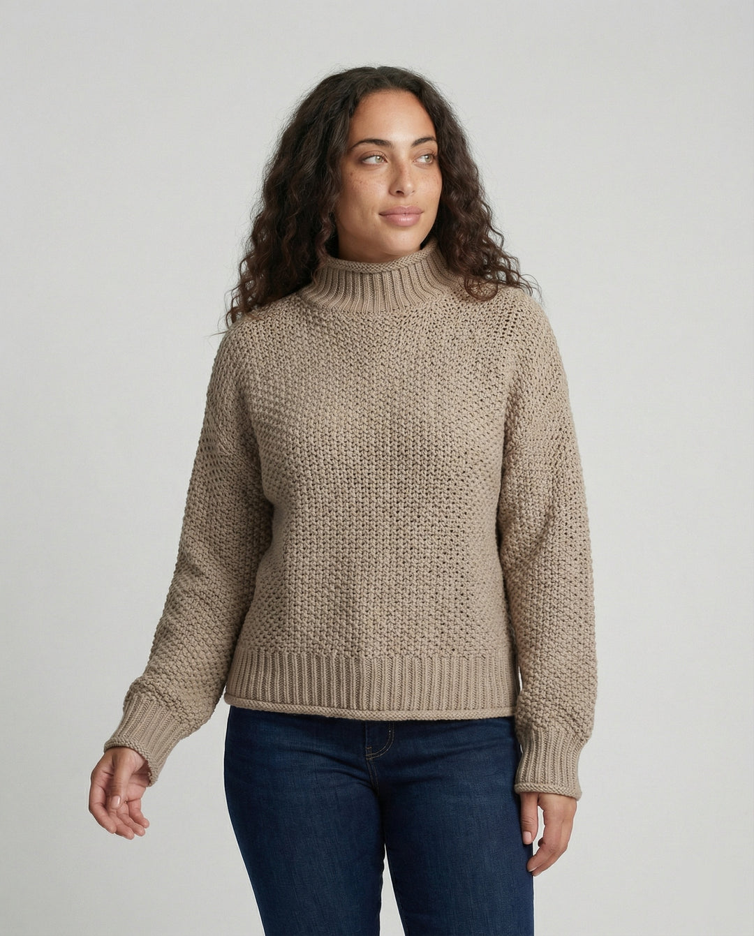 Damen kuscheliger Strickpullover mit hohem Kragen und weit geschnittenen Ärmeln R&B