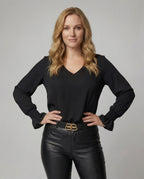 Damen elegante Bluse mit tiefem V-Ausschnitt und voluminösen Ärmeln R&B