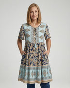 Damen Boho Midikleid A-Linie mit Bordüre