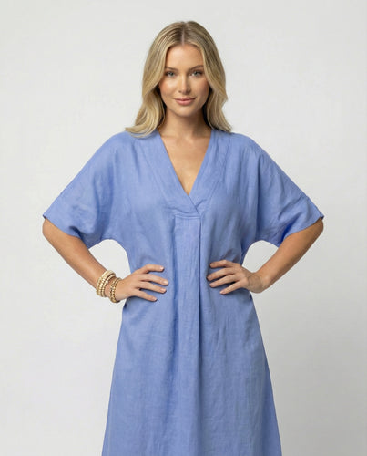 Damen lässiges Leinen-Maxikleid mit V-Ausschnitt und weit geschnittenen Ärmeln R&B