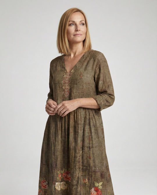 Damen Maxikleid Sommer Leinenoptik V-Ausschnitt