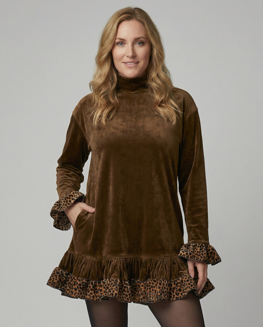 Damen Oversized Sweatkleid mit Leopardenrüsche R&B