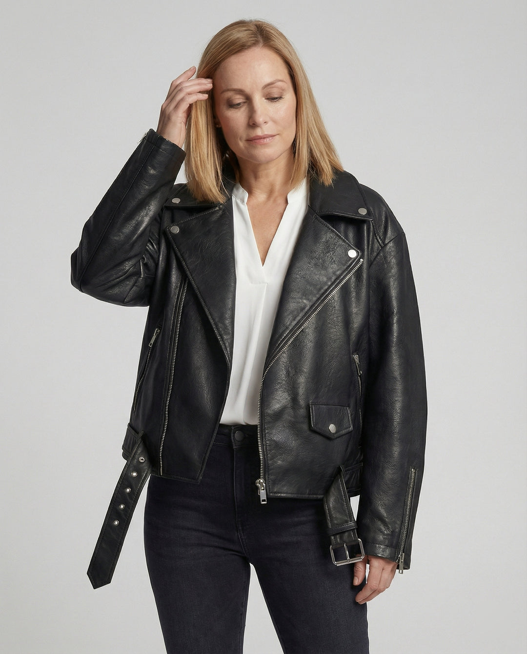 Damen Lederjacke Schwarz Oversize