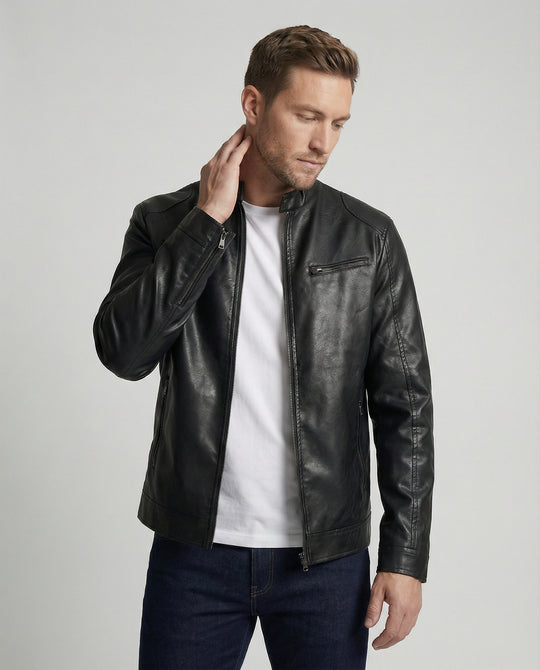 Herren Kunstlederjacke mit modernem Stehkragen R&B