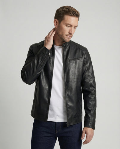 Herren Kunstlederjacke mit modernem Stehkragen R&B