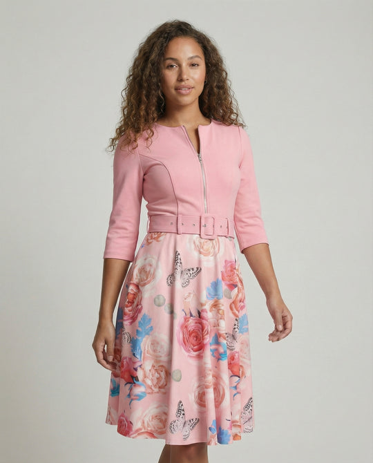 Damen A-Linien Kleid mit tailliertem Gürtel und floralem Muster R&B