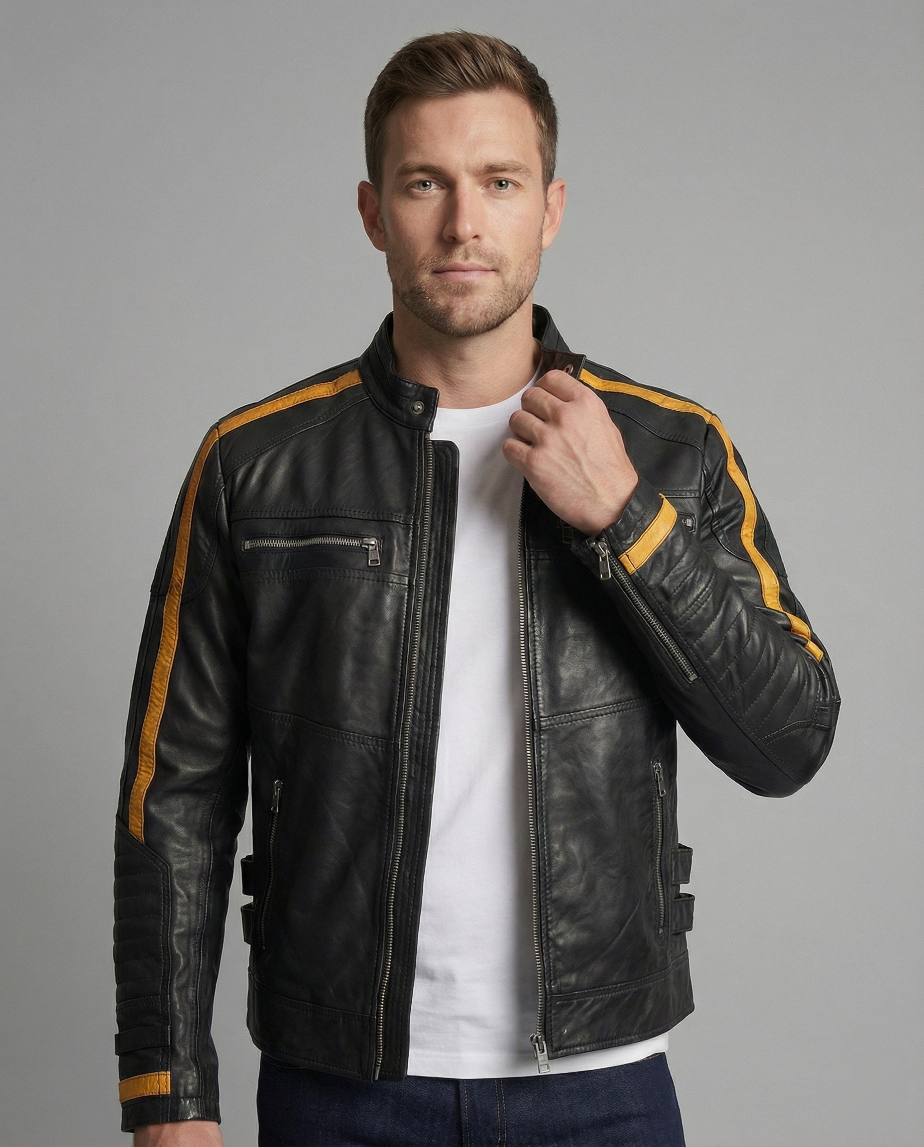 Herren Motorradlederjacke Stehkragen