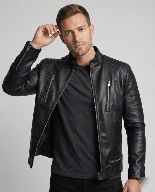 Herren Kunstleder Bikerjacke mit gesteppter Schulter R&B