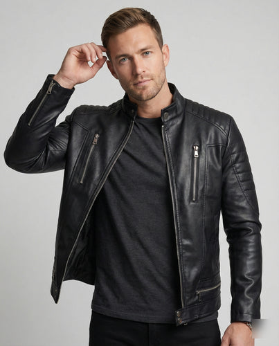Herren Kunstleder Bikerjacke mit gesteppter Schulter R&B
