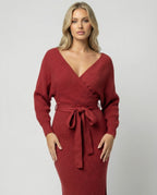 Damen Strickkleid mit elegantem Wickeldesign und dekorativem Gürtel R&B