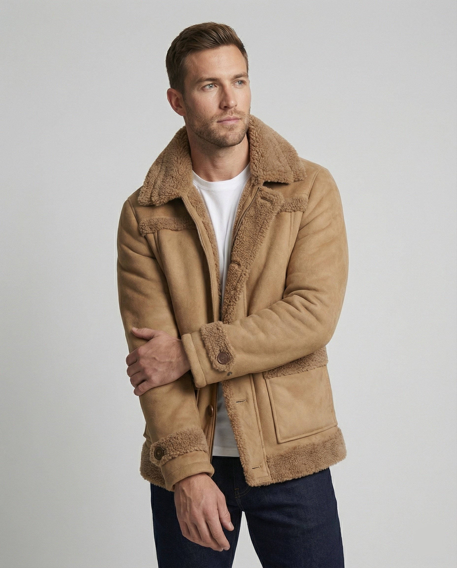 Herren warme Lammfelljacke mit Knopfkragen R&B