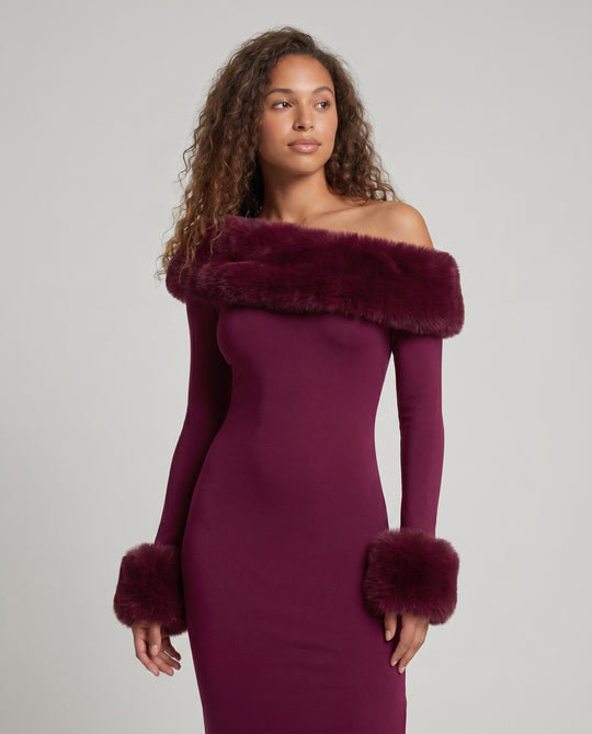 Damen Elegantes Langarm-Maxikleid mit abnehmbarem Pelzbesatz R&B