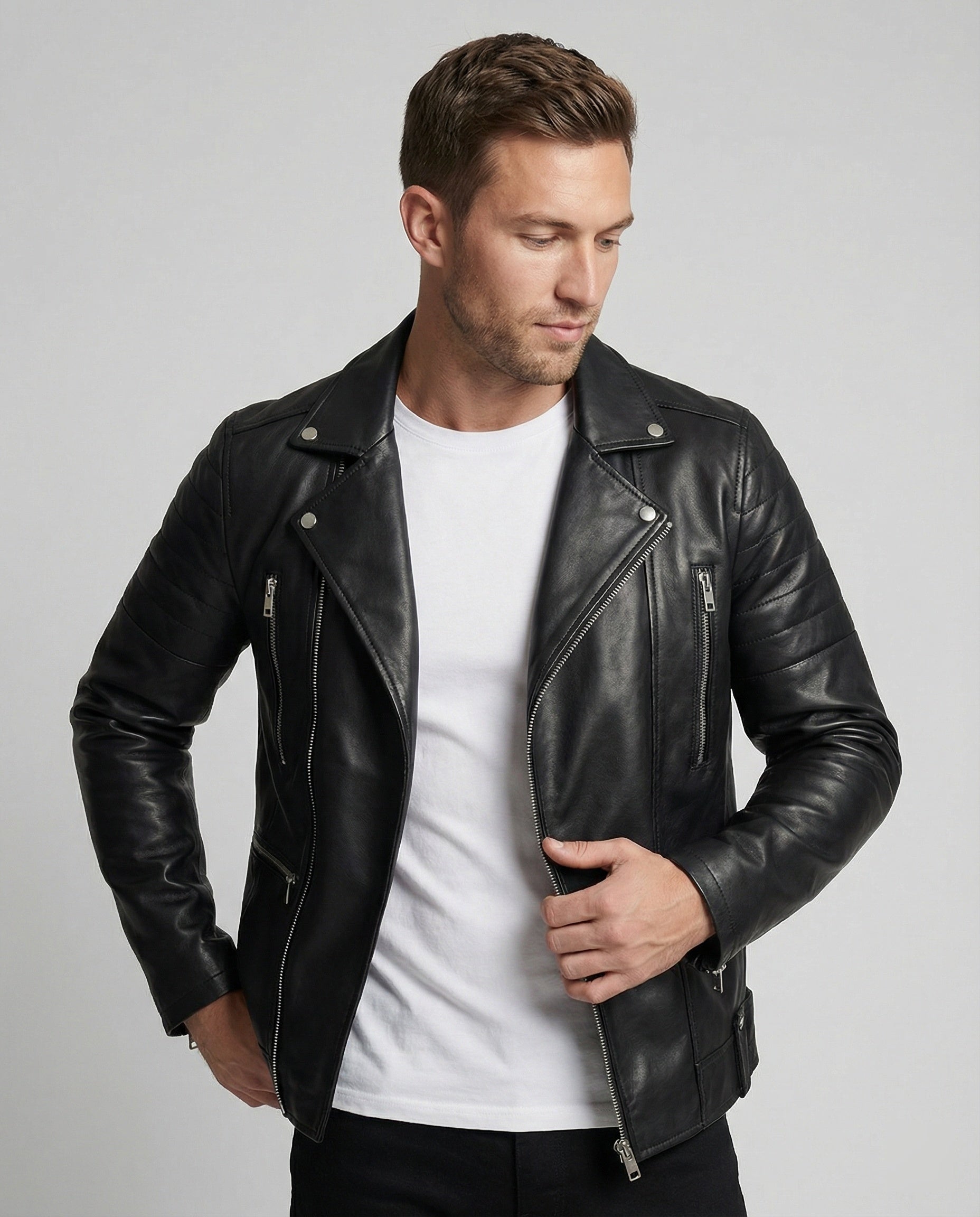Herren Kunstleder Motorradjacke mit Reißverschluss R&B