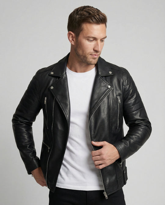 Herren Kunstleder Motorradjacke mit Reißverschluss R&B