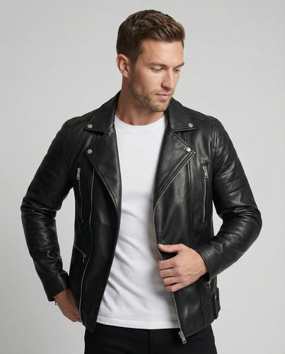 Herren Kunstleder Motorradjacke mit Reißverschluss R&B