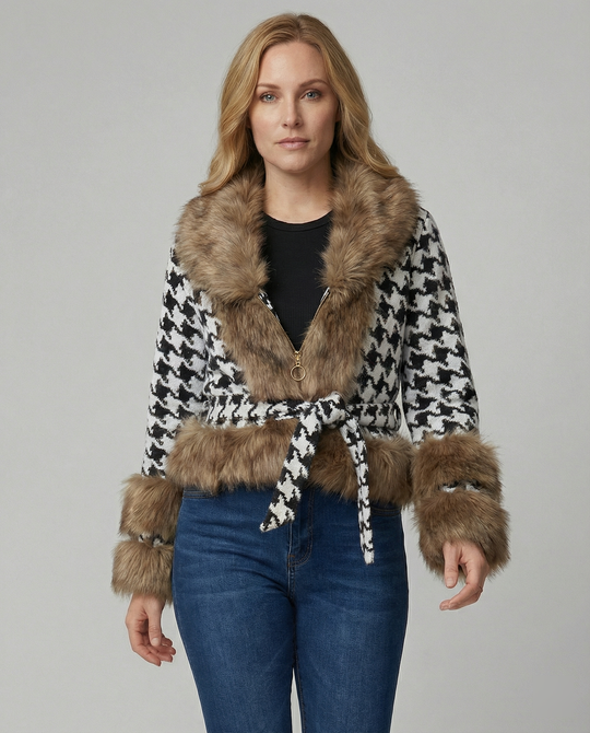 Übergangsjacke Damen elegant mit Kunstfell und Hahnentrittmuster