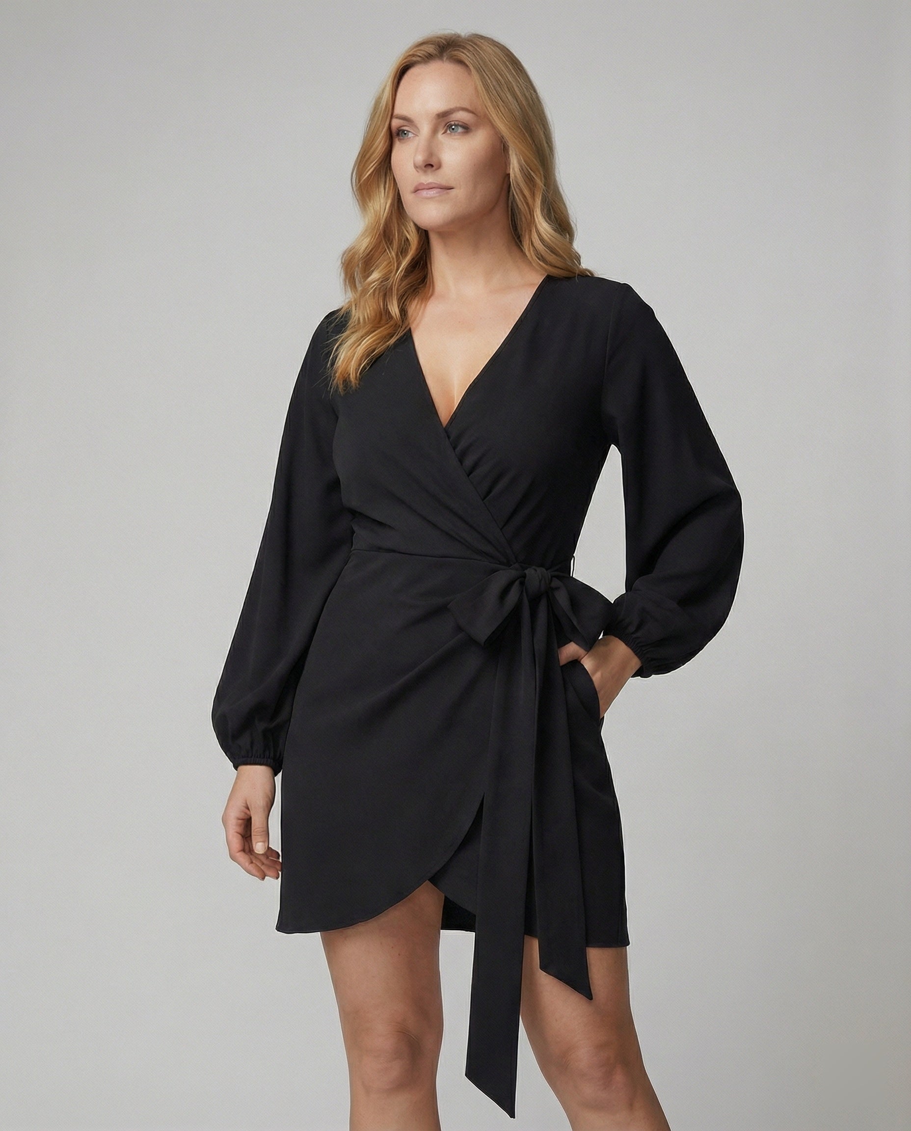 Damen Wickelkleid mit voluminösen Ärmeln und elegantem Taillengürtel R&B