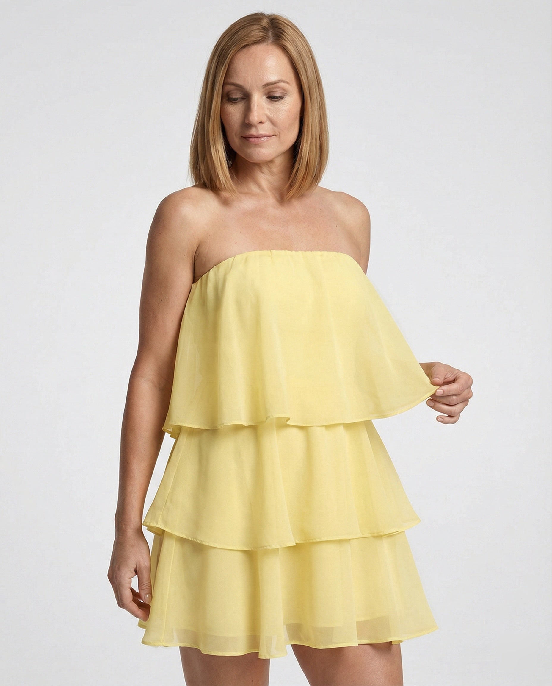 Damen Chiffon Kleid schulterfrei mit Volant