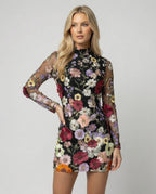 Minikleid mit floralen Applikationen und durchscheinender Optik