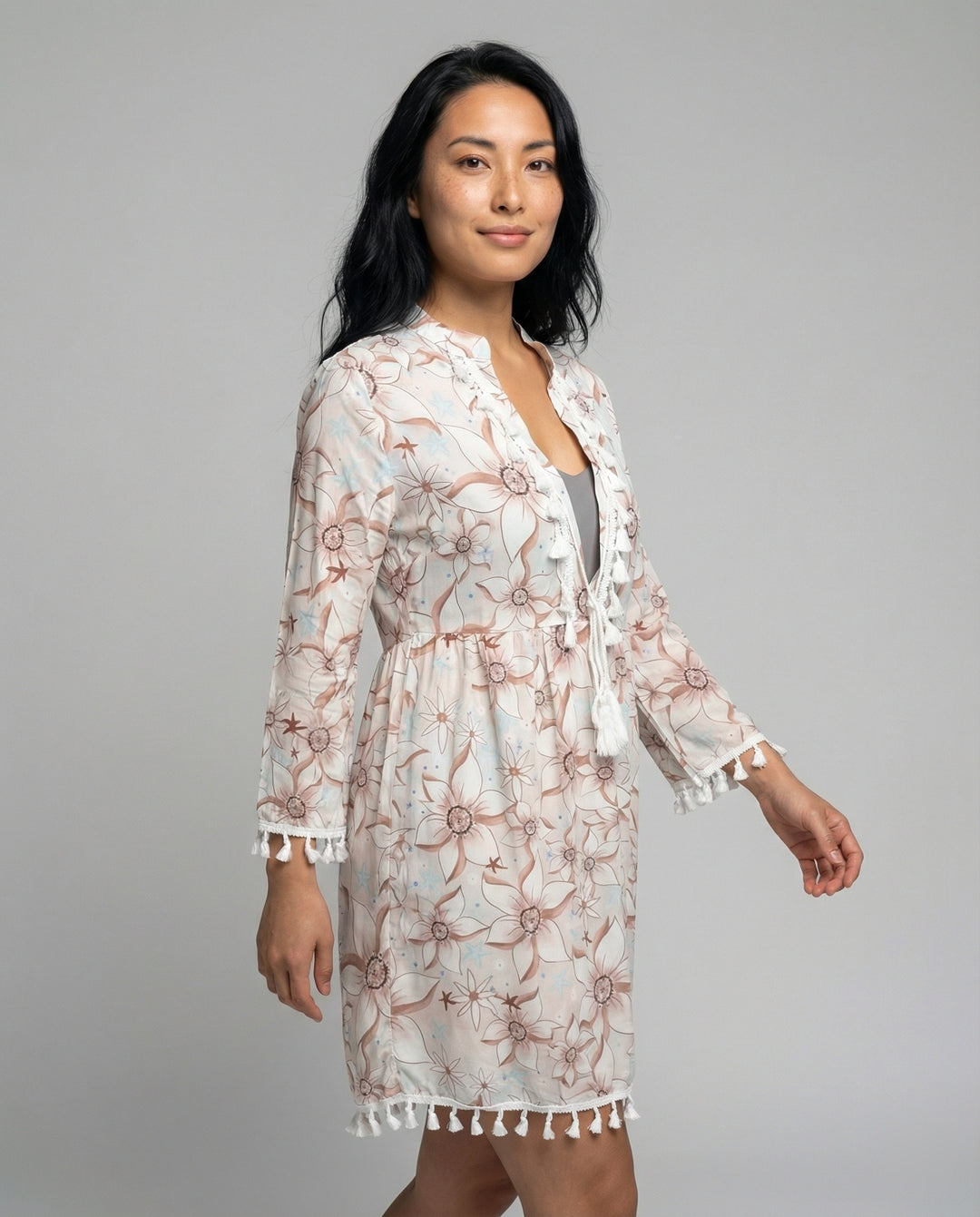Damen Strandkleid mit hohem Kragen und romantischem Blumenmuster R&B