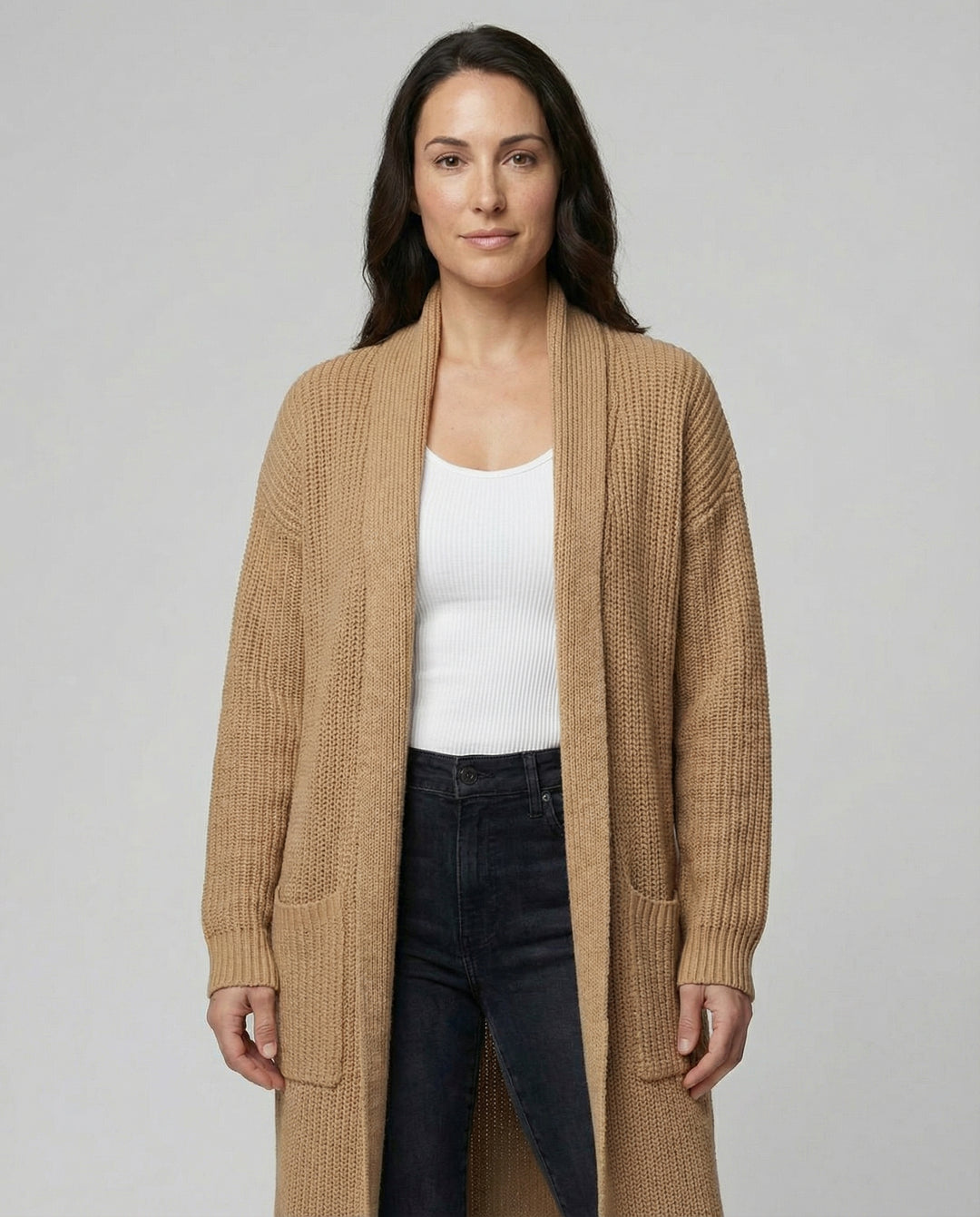 Damen Strickmantel mit Tiefem V-Ausschnitt und Seitlichen Eingrifftaschen R&B