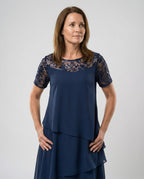Damen Elegantes Schichtkleid mit Spitzenärmel und asymmetrischem Saum R&B