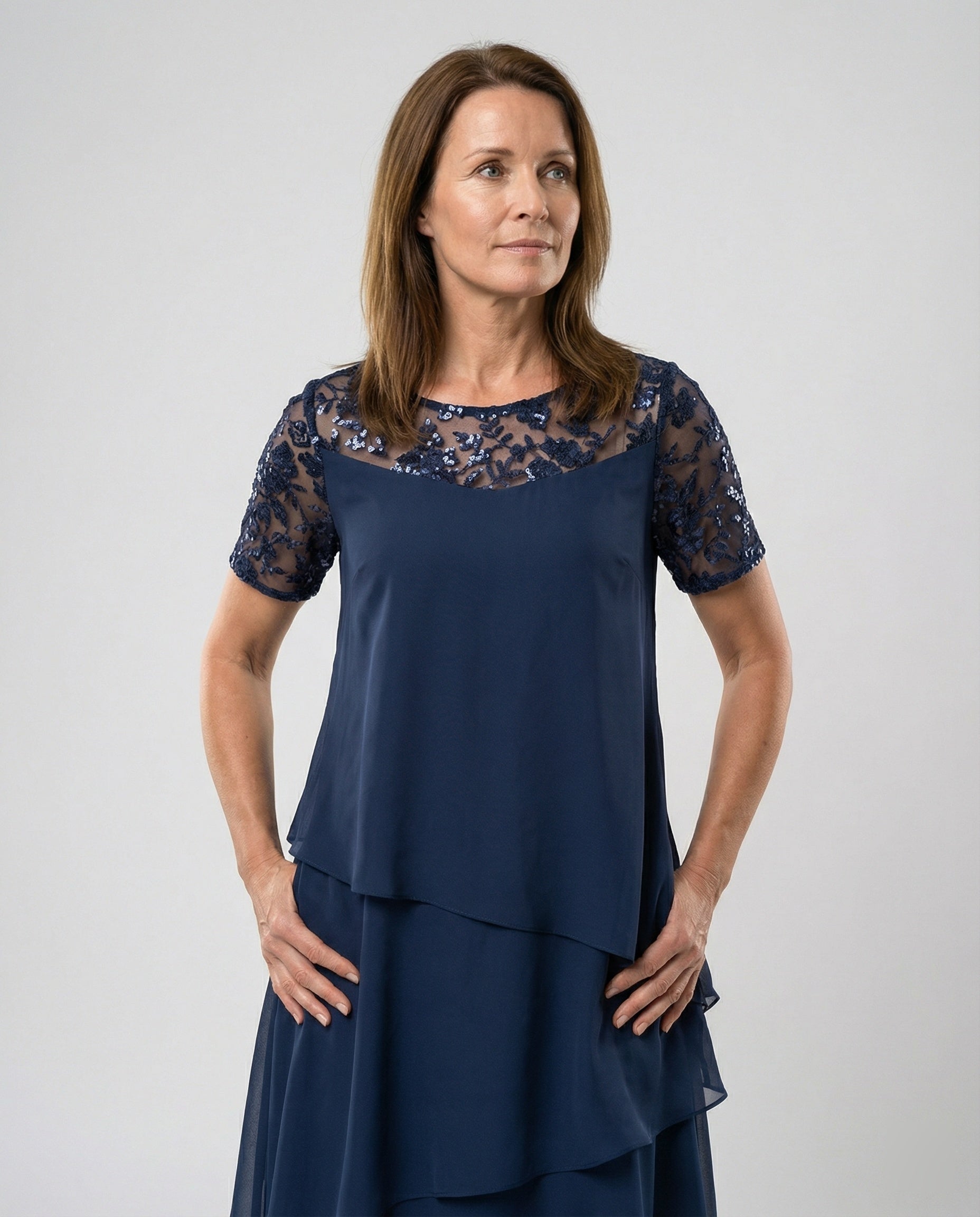 Damen Elegantes Schichtkleid mit Spitzenärmel und asymmetrischem Saum R&B