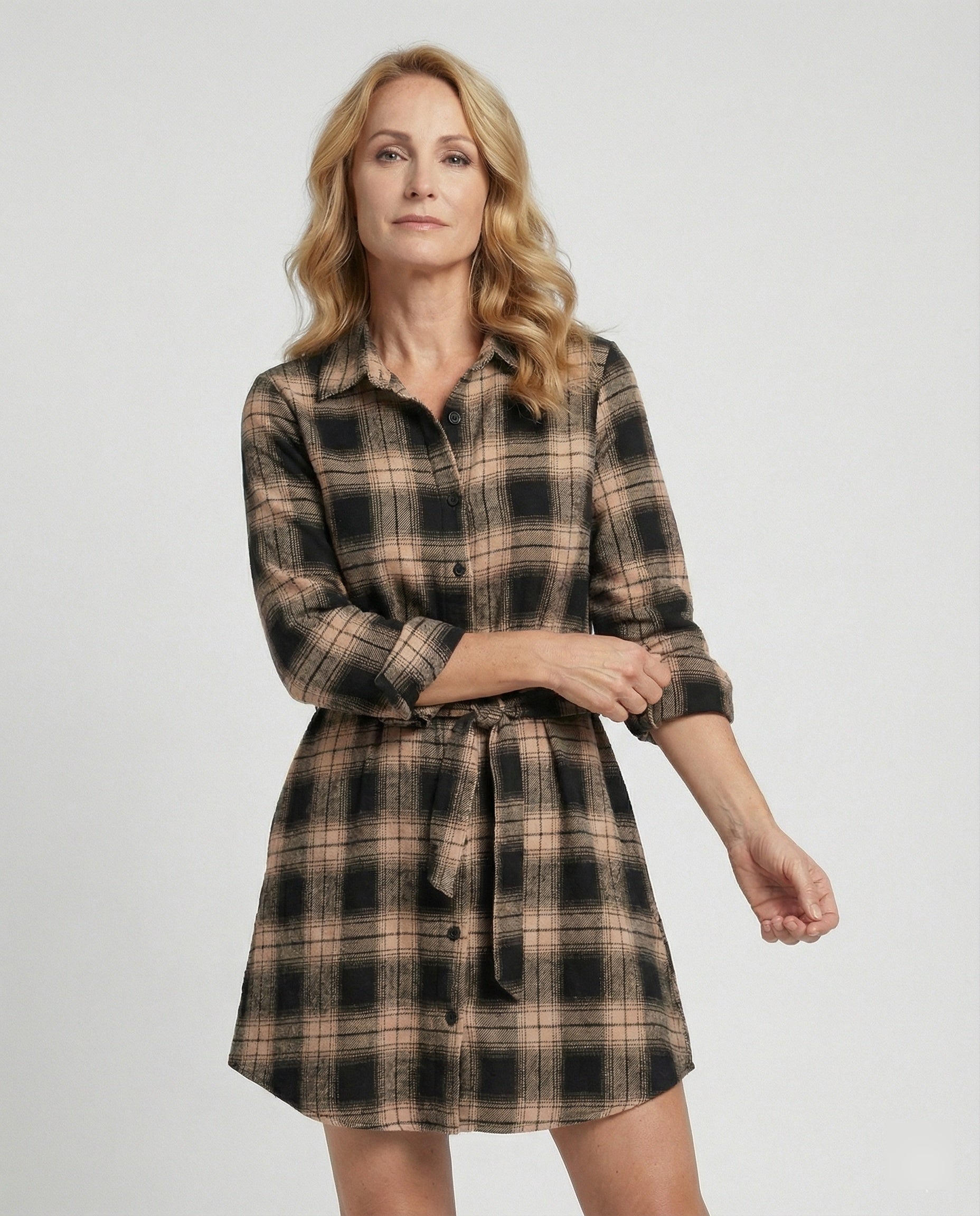 Damen Karierte Hemdblusenkleid mit Taillengürtel