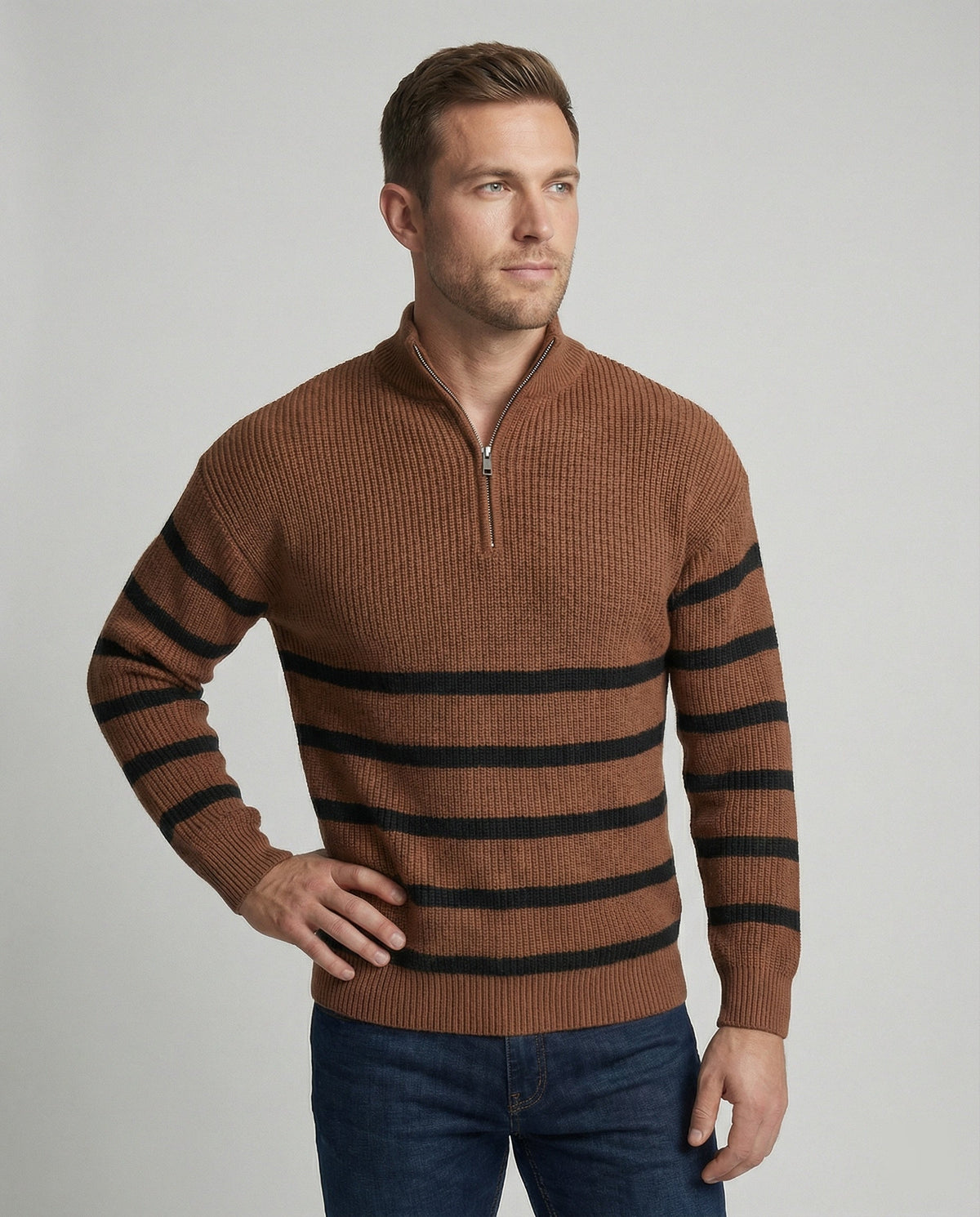 Herren Strickpullover mit modernem Halbreißverschluss und gestreiftem Design R&B
