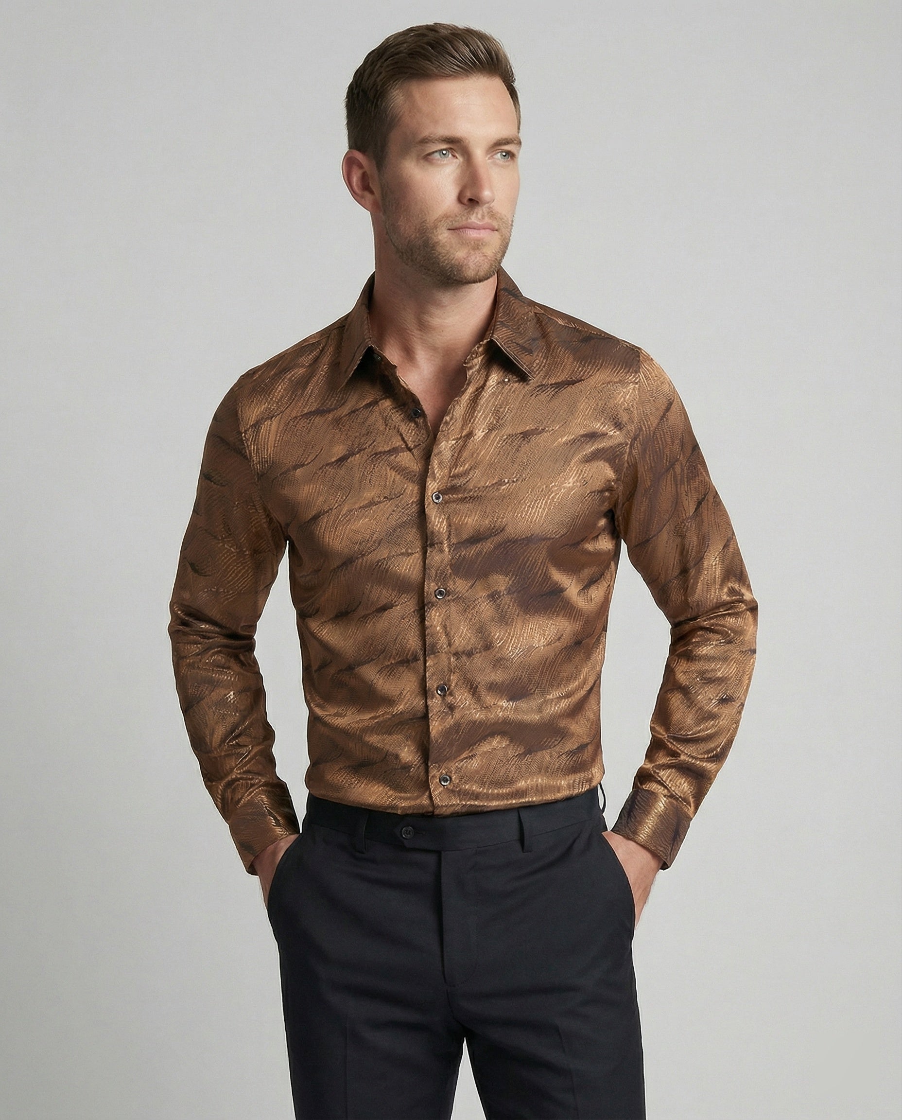 Herren Elegantes Langarmhemd mit modernem Wellenmuster und glänzender Oberfläche