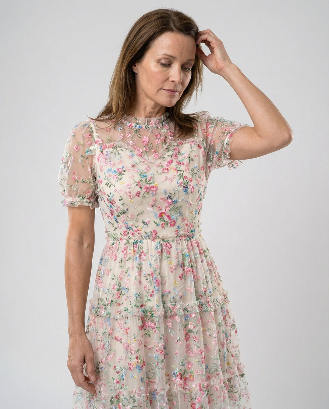 Damen Tüll Midikleid mit Spitze elegant