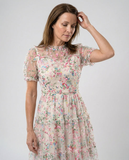 Damen Tüll Midikleid mit Spitze elegant