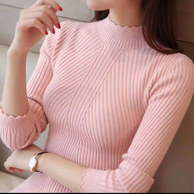 R&B | Jumper - Damen Herbst Hoher Kragen Rippstrickpullover