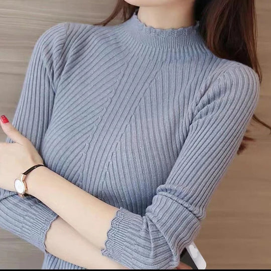 R&B | Jumper - Damen Herbst Hoher Kragen Rippstrickpullover