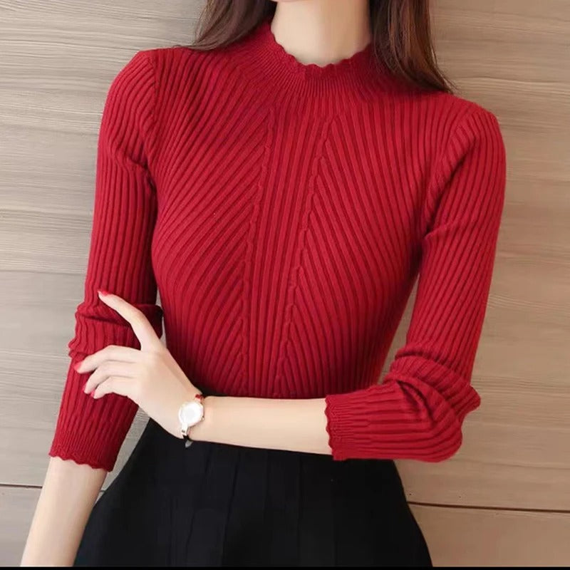 R&B | Jumper - Damen Herbst Hoher Kragen Rippstrickpullover