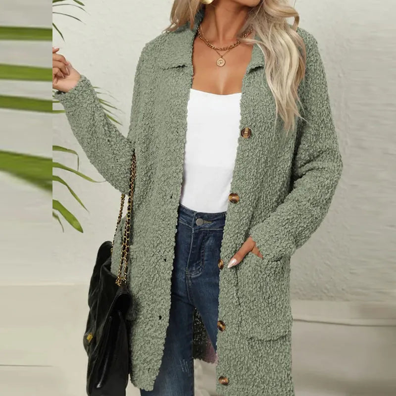 R&B | Lange Teddyjacke mit Knopfverschluss Fleece Weich und Warm