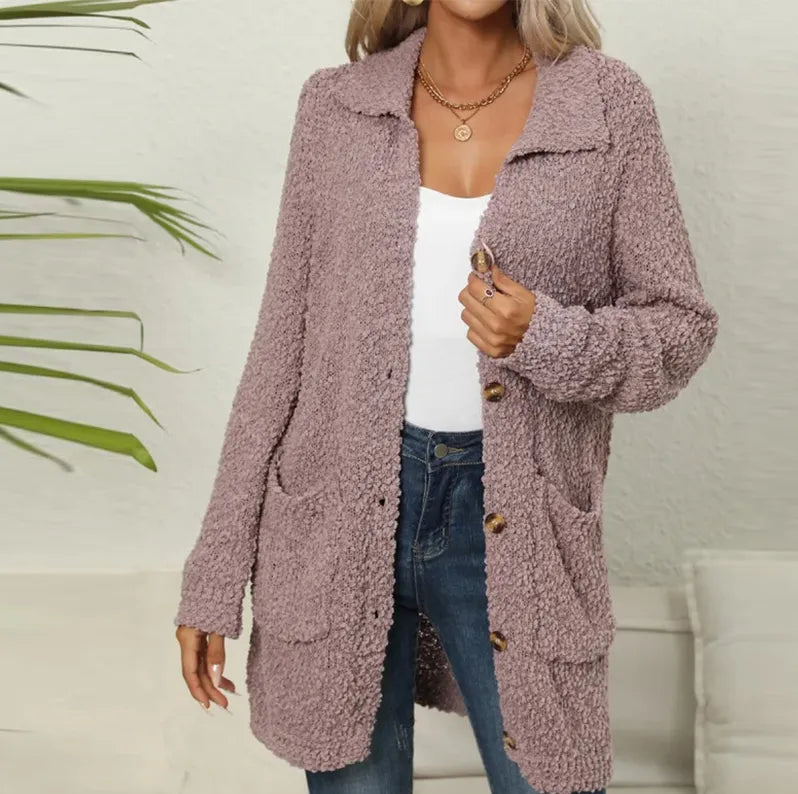 R&B | Lange Teddyjacke mit Knopfverschluss Fleece Weich und Warm