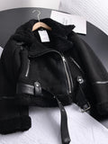 R&B | Damen Lederjacke Mit Shearling Futter Asymmetrischer Reißverschluss Gürtel