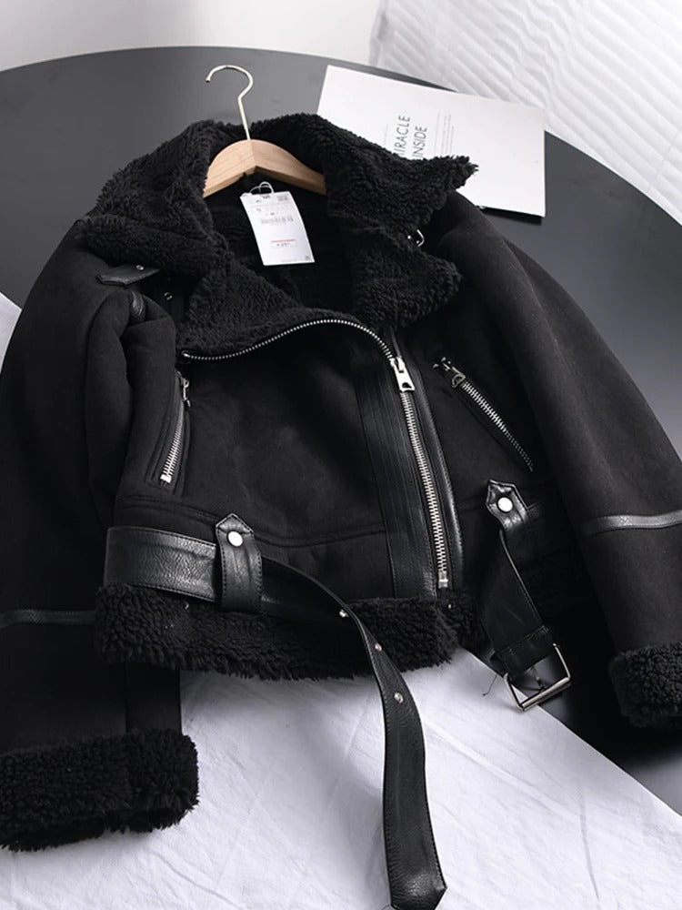 R&B | Damen Lederjacke Mit Shearling Futter Asymmetrischer Reißverschluss Gürtel