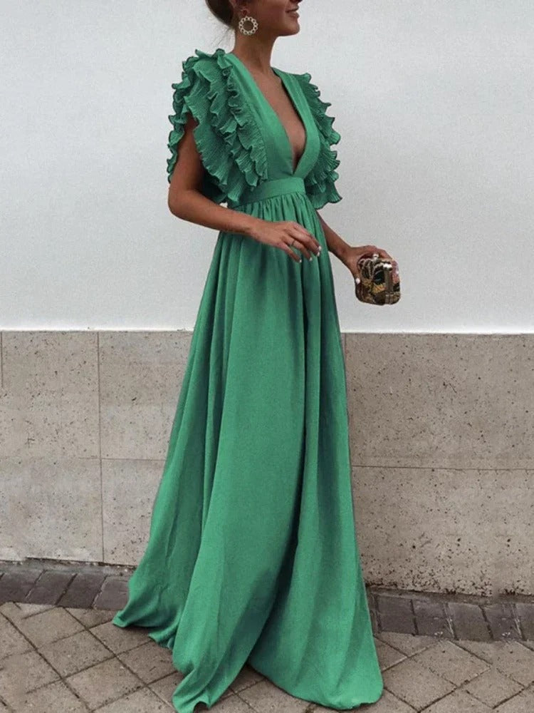 R&B | Elegantes Kleid mit V-Ausschnitt und Rüschensäumen