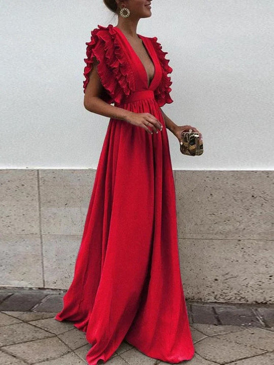 R&B | Elegantes Kleid mit V-Ausschnitt und Rüschensäumen