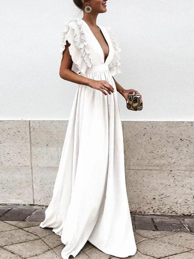 R&B | Elegantes Kleid mit V-Ausschnitt und Rüschensäumen